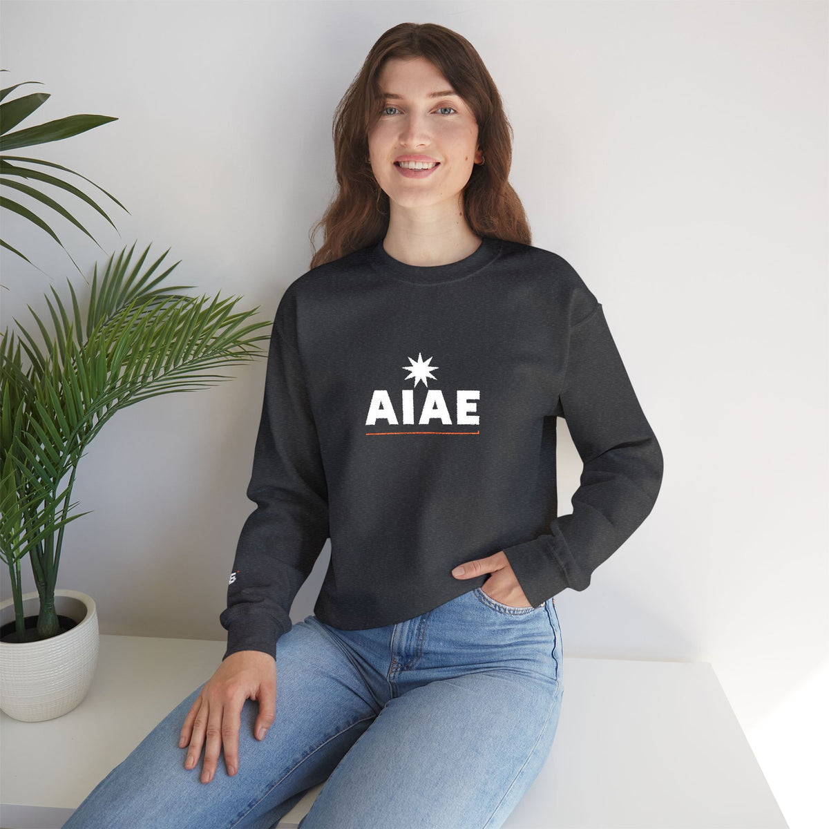 Bluză crewneck brodată AIAE — wordmark cu linie roșie