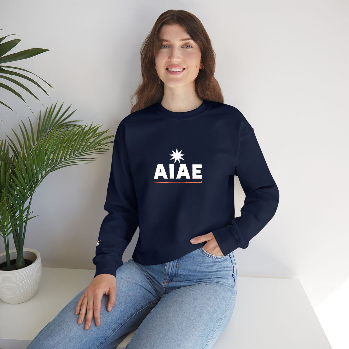 Bluză crewneck brodată AIAE — wordmark cu linie roșie