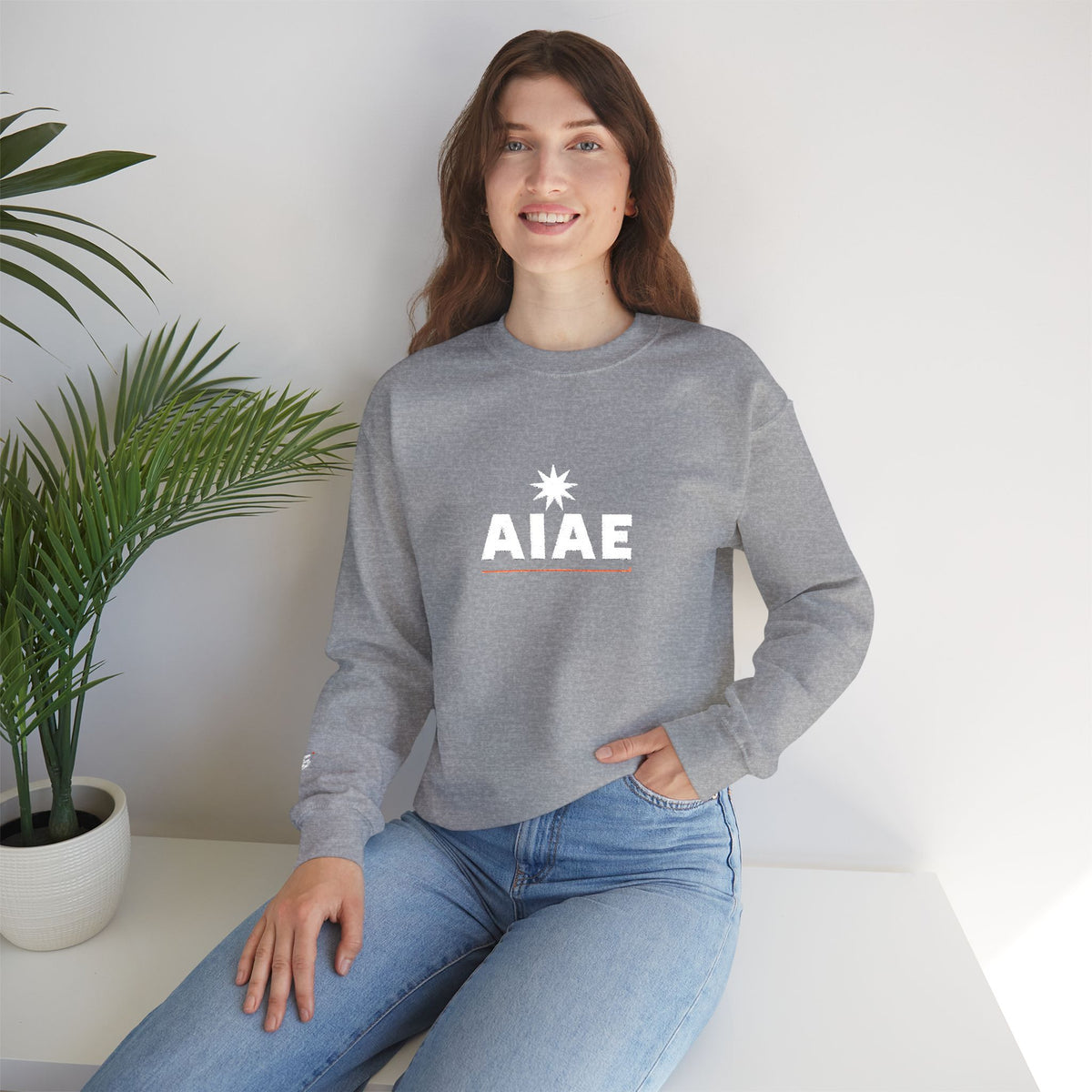 Bluză crewneck brodată AIAE — wordmark cu linie roșie